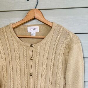 JENNY vintage cottage cardigan sweater teacher librarian granny core tan L EUC